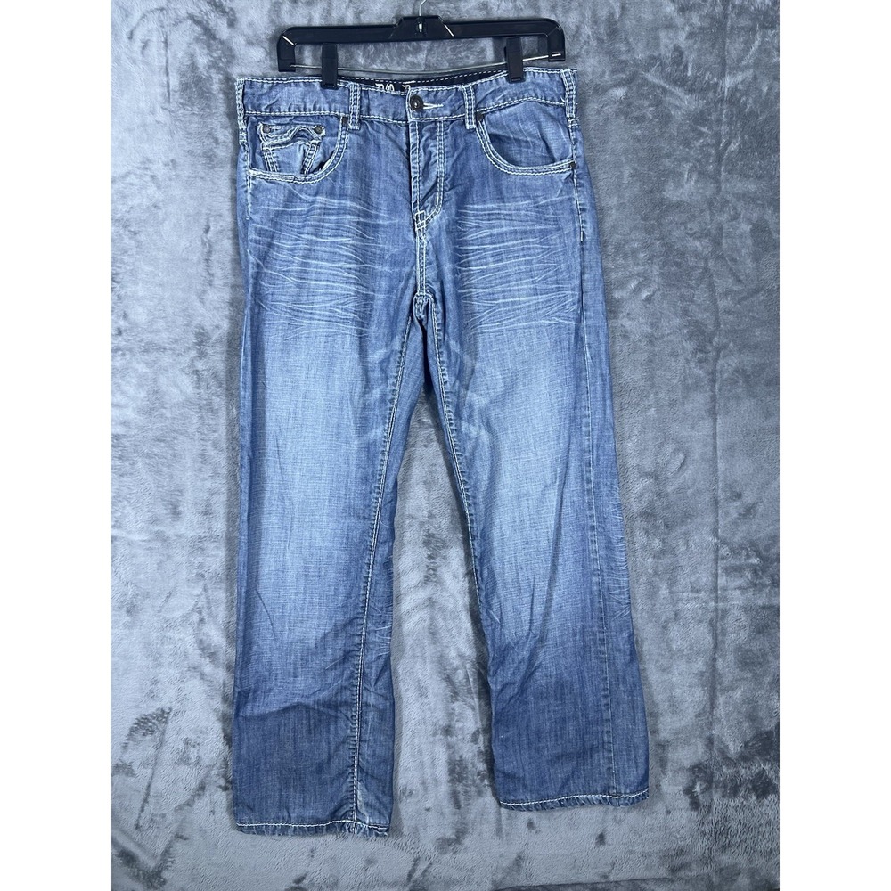 DO Denim Mens Jeans 32 Medium Wash Blue Straight Leg Contrast Stitch MJ0623